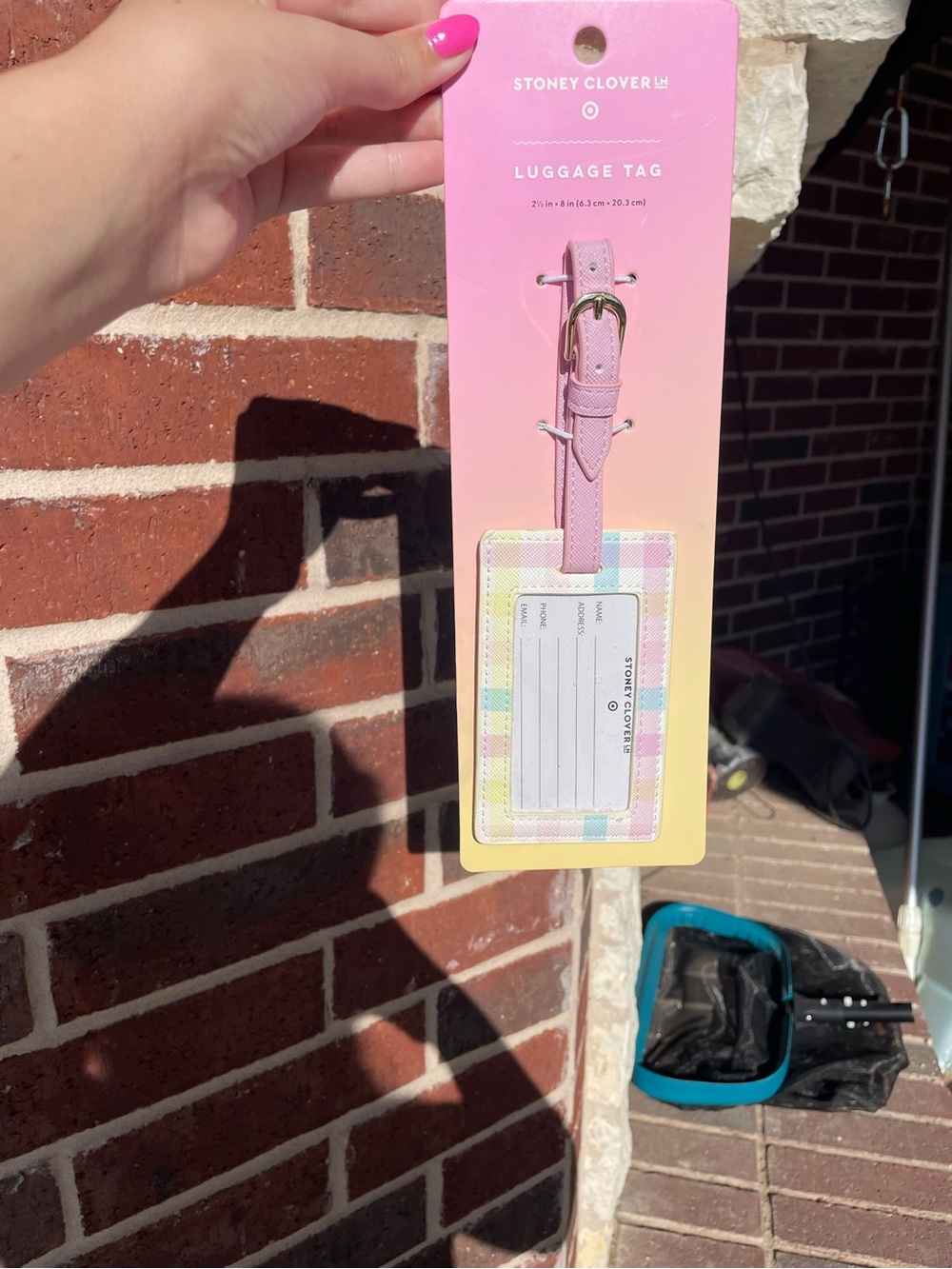Stoney Clover Lane Pink Luggage Tag with Pastel Plaid Trim